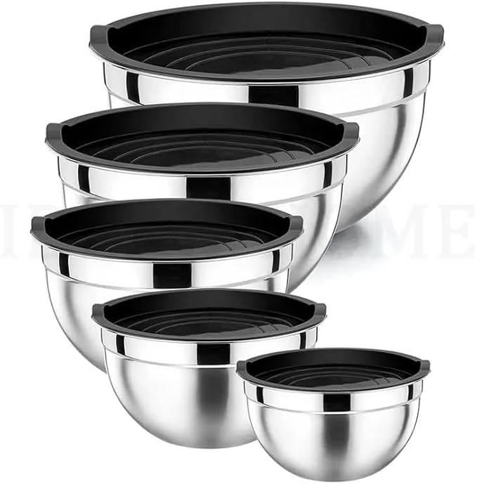5-Piece Stainless Steel Mixing Bowls Set with Plastic Lids – Nesting Stackable Bowls for Cooking, Baking & Food Prep – Space-Saving Kitchen Storage