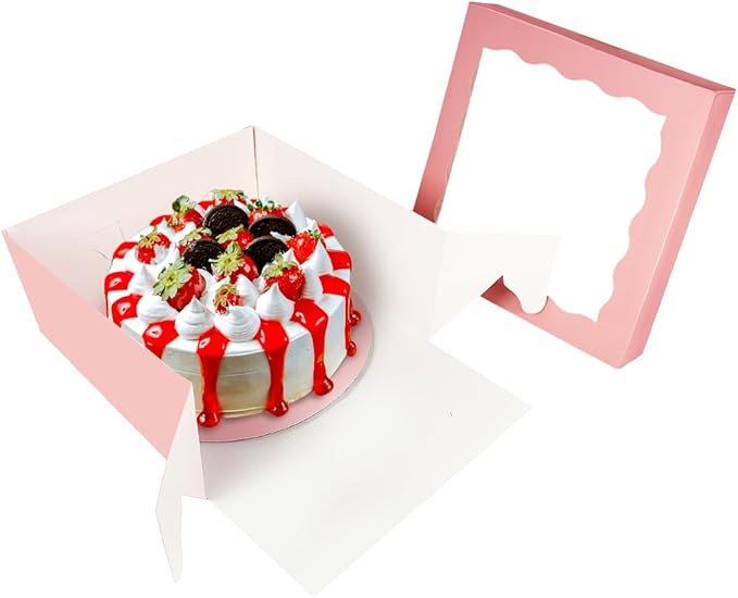 qiqee Pink 12x12x8 Cake Box, 4 Sets Pink Cake Box with Window ＆ 4 Sets 12" Pink Cake Round Boards, 12inch Cake Containers