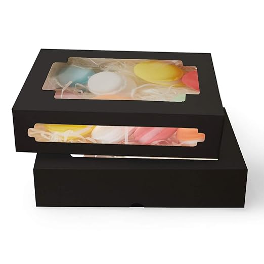 qiqee 36Packs Auto-pop Black Cookie Boxes for Gift Giving 8x5.3x2 inch Black One Second Fold Bakery Box with Window Treat Box for Donuts Candies and Biscuit