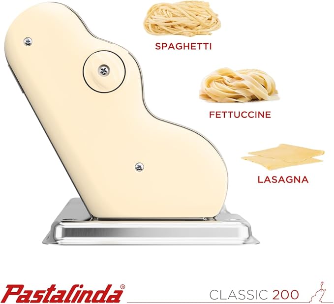 PASTALINDA Classic 200 Pasta Maker Machine, 20 cm Wide Rollers, 9 Thickness Positions, 2 Cutting Positions, Stainless Steel. Includes Reinforced Hand Crank And Two Clamps
