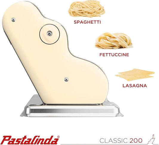 PASTALINDA Classic 200 Pasta Maker Machine, 20 cm Wide Rollers, 9 Thickness Positions, 2 Cutting Positions, Stainless Steel. Includes Reinforced Hand Crank And Two Clamps