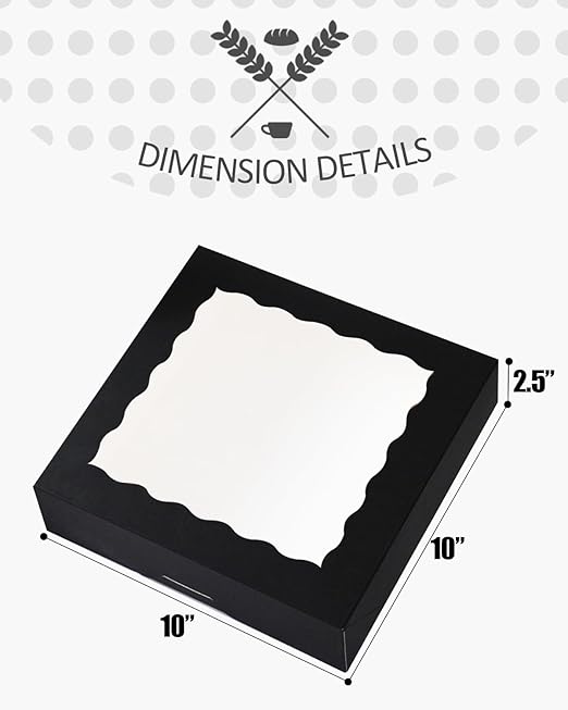 qiqee Auto-pop Up Black Pie Boxes with Window 10x10x2.5 inch 20Packs Cookie Donut Bakery Box