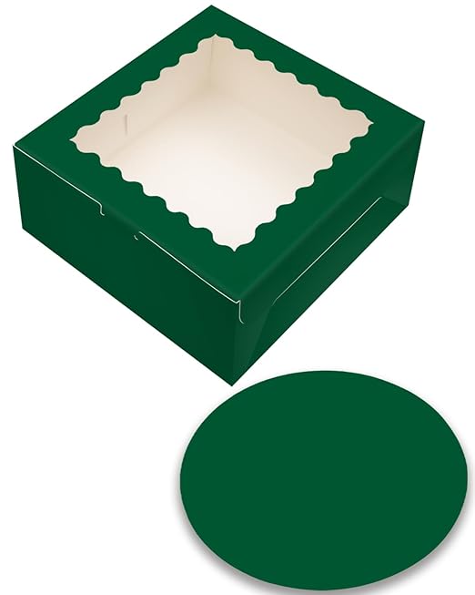 qiqee 8x8x5 Cake Box, 18 Sets Green Cake Box with Window ＆ 18 Sets 8" Green Cake Round Boards, 8inch Cake Containers