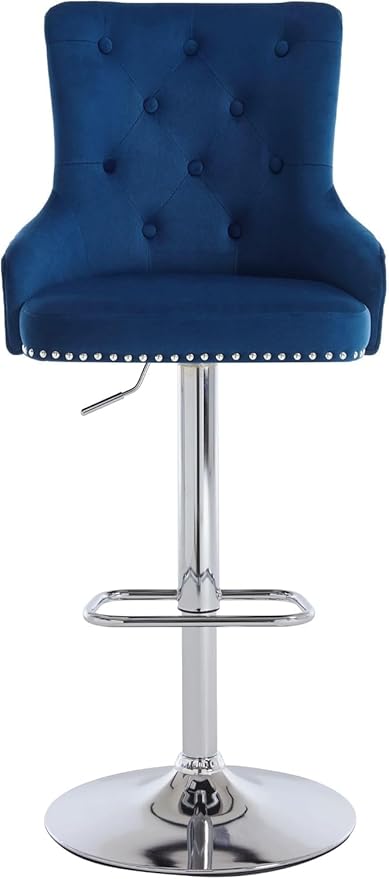 Velvet Adjustable Swivel Barstools Set of 2 with High Tufted Back, Modern Counter Height Stools with Chrome Base Footrest Pull Ring Rivet Trim for Kitchen, Dining Room, Pub (Dark Blue)