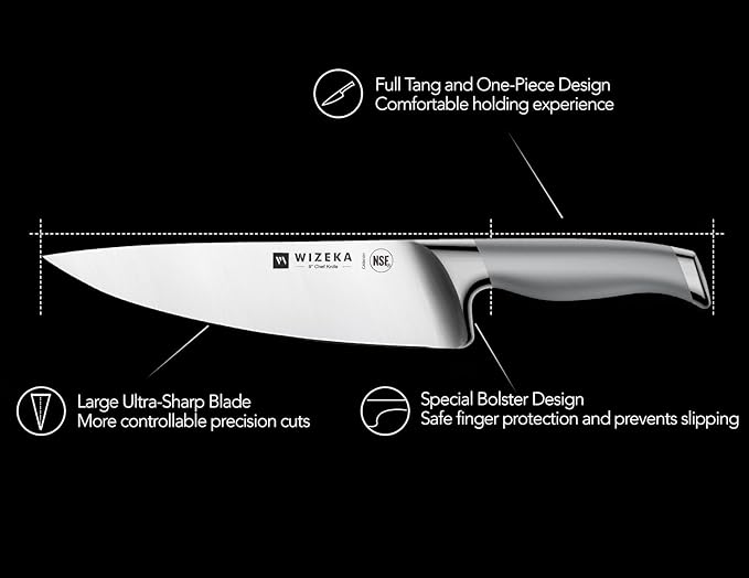 WIZEKA Kitchen Knife Set with Block: 15PCS Easy-Care Knife Block Set with Sharpener, One-Piece German Stainless Steel Kitchen Knives, Silver Wings Series