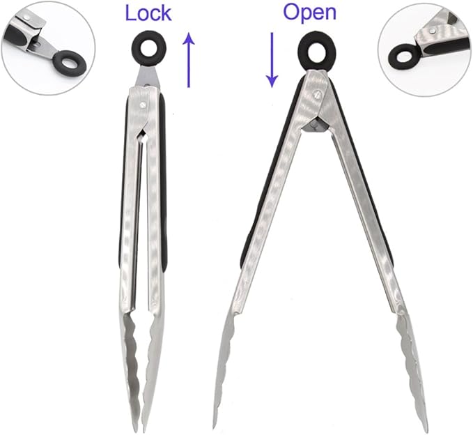 304 Stainless Steel Kitchen Cooking Tongs, 9" and 12" Set of 2 Sturdy Grilling Barbeque Brushed Locking Food Tongs with Ergonomic Grip, Black