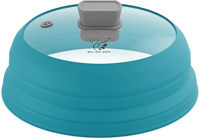 Microwave Splatter Cover Glass Cover Splatter Guard Lid with Collapsible Silicone for Food Cover Plate Cover 11.8 inch Blue