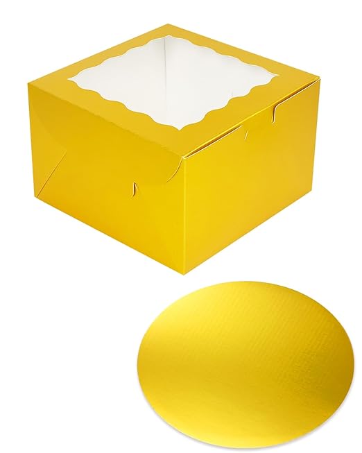 qiqee 10x10x5 Cake Box, 18 Sets Gold Cake Box with Window ＆ 18 Sets 10" Gold Cake Round Boards, 10inch Cake Containers