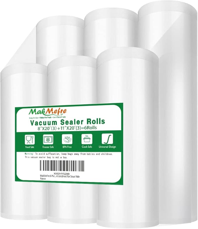MakMeFre 6 Pack 8"x20'(3Rolls) and 11"x20' (3Rolls) Vacuum Sealer Bags Rolls for Food,Commercial Grade, BPA Free,Puncture Prevention,Great for Sous Vide Cooking
