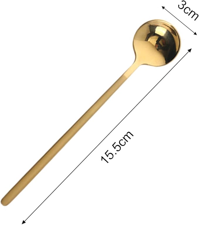 6 Pcs Golden Stainless Steel Round Dessert Spoons - Long Handle for Hot Chocolate, Ice Tea, Latte & Espresso