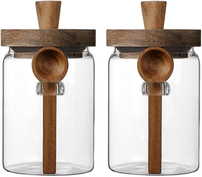 ANSQU Set of 2 Glass Food Storage Jars with Bamboo Wood Lid and Spoon, 27oz Glass Kitchen Canisters for Coffee, Tea, Cereal, Spice and Canning, Mason Jars (27oz-2pack)