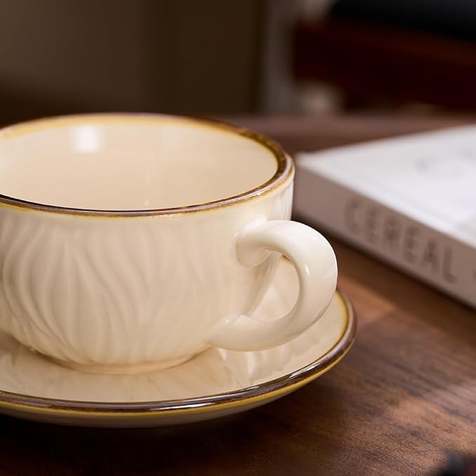 Vintage Design 12 oz Ceramic Latte Art Cappuccino Barista Cup with Saucer (Wave Beige)