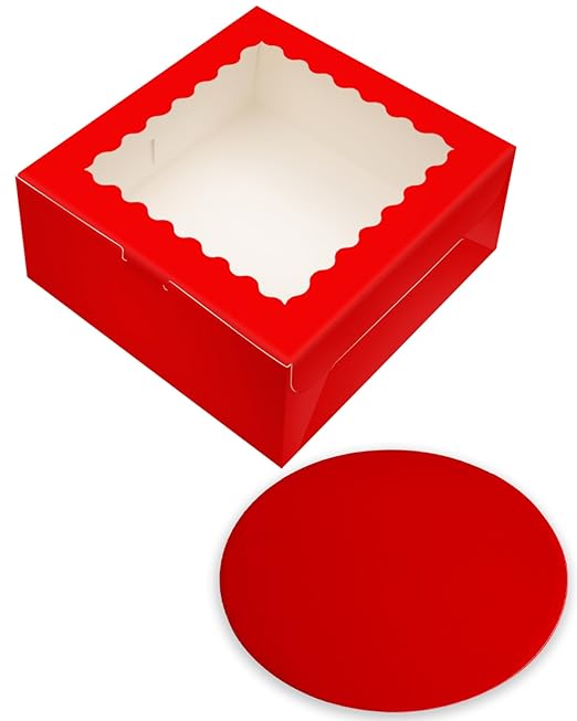 qiqee 10x10x5 Cake Box, 18 Sets Red Cake Box with Window ＆ 18 Sets 10" Red Cake Round Boards, 10inch Cake Containers