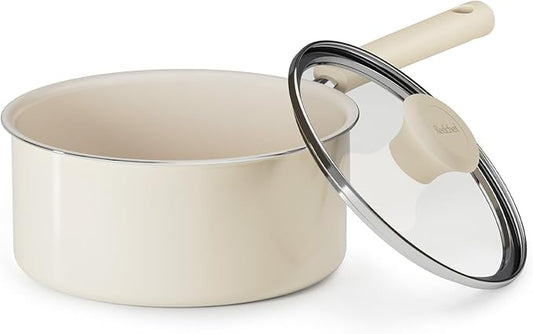 Redchef Ceramic Nonstick Saucepan with Lid, 3QT Small Cooking Pot, Non Toxic Sauce Pans for Kitchen, Cool Handle PFAS Free Compatible with All Cooktops, White