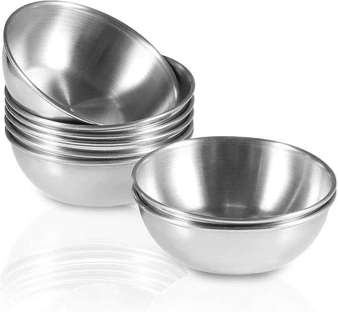 8 Pack 3.2inch Stainless Steel Sauce Dishes Mini Individual Saucers Bowl Round Seasoning Dishes Sushi Dipping Bowl Appetizer Plates, Sliver