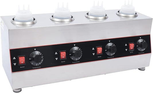 Electric Nacho Cheese Warmer Machine 4 Pot Commercial Hot Fudge Dispenser Stainless Steel Hot Chocolate Dispenser with 4 Sauce Squeeze Bottles for Cheese Caramel Jam Ketchup 640W (4 Pot)
