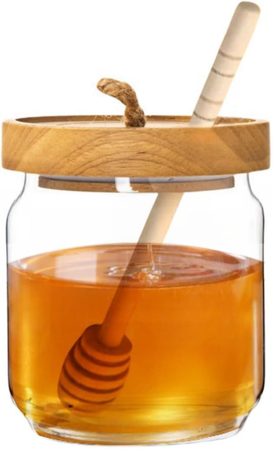 ANSQU 15oz Honey Pot, Airtight Glass Honey Jar with Wooden Lid and Dipper Stick, Honey Container for Storing Honey, Jam Mason Jar for Home Kitchen