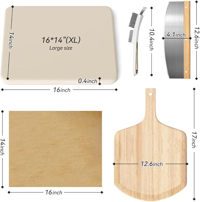 5 PCS Rectangle Pizza Stone Set, 16"Large Pizza Stone for Oven and Grill with Pizza Peel(OAK), Stone Brush,Pizza Cutter & 10pcs Cooking Paper for Free, Baking Stone for Pizza, Bread,BBQ
