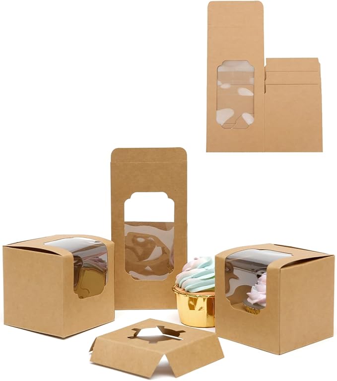 Bakepacker Auto-pop up Cupcake Boxes 30-Packs Individual Cupcake Container Brown 3.5" x 3.5" x 3.5" Single Cupcake Boxes