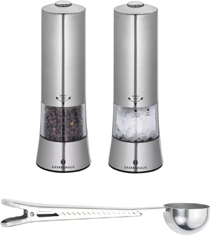 Zassenhaus "Gera" Electric Salt & Pepper Mill Gift Set, Silver - With Stainless Steel Spice Scoop & Clip