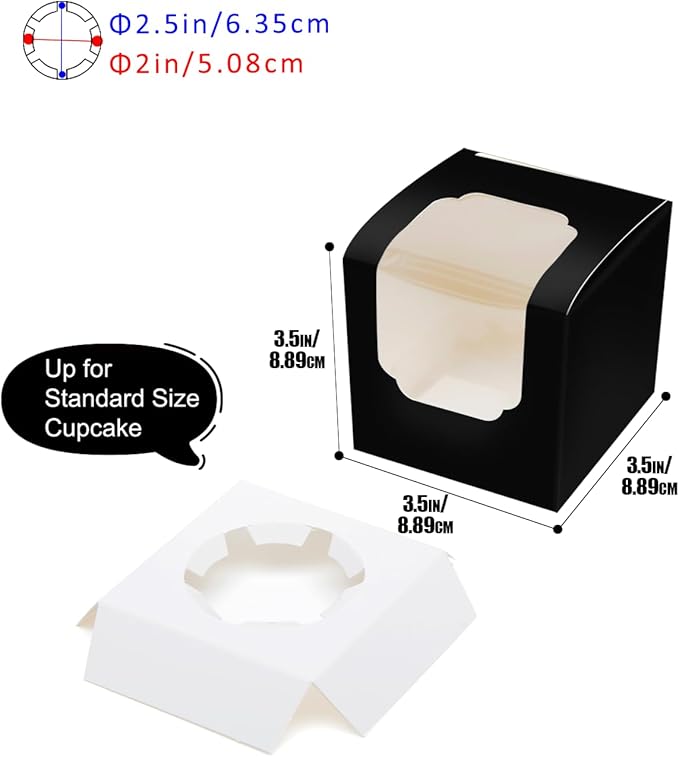 Bakepacker Auto-pop up Cupcake Boxes 30-Packs Individual Cupcake Container Black 3.5" x 3.5" x 3.5" Single Cupcake Boxes