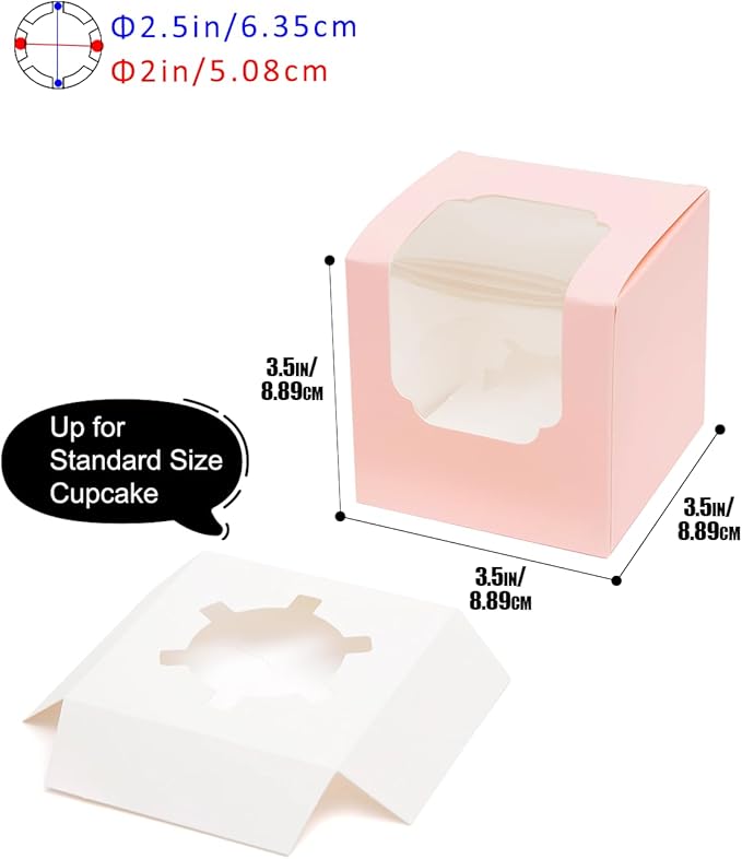 Bakepacker Auto-pop up Cupcake Boxes 30-Packs Individual Cupcake Container Pink 3.5" x 3.5" x 3.5" Single Cupcake Boxes