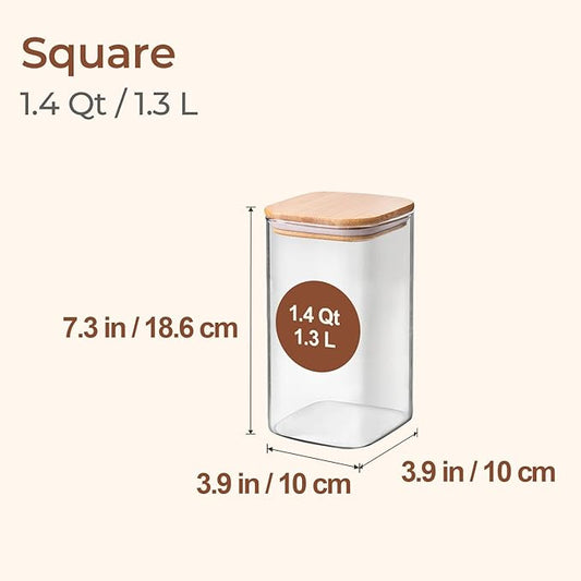 ComSaf 1.4 Qt Glass Storage Containers with Lids, Glass Jars with Lids, Clear Food Storage Jar, Square Canister Set of 3, Pantry Organizers and Storage for Flour Oat Pasta Tea Cookie Coffee Bean