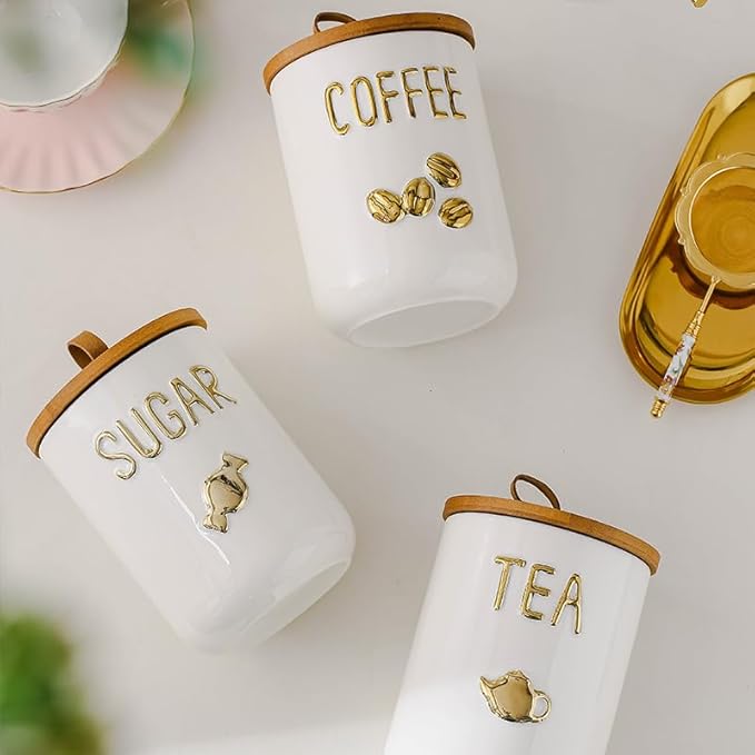 Comeon Ceramic Canister Set with Airtight Seal Bamboo Lid Silicone, 27oz Food Storage Jars for Coffee Sugar Tea, Container Set for Kitchen Pantry Counter Decor (Three Piece)