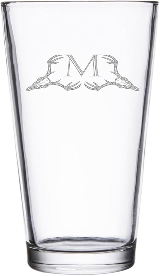 Hat Shark Deer Skull Letter Monogram Pint Beer Glass, 16 oz, Clear, A-Z Initials (1, Letter M)