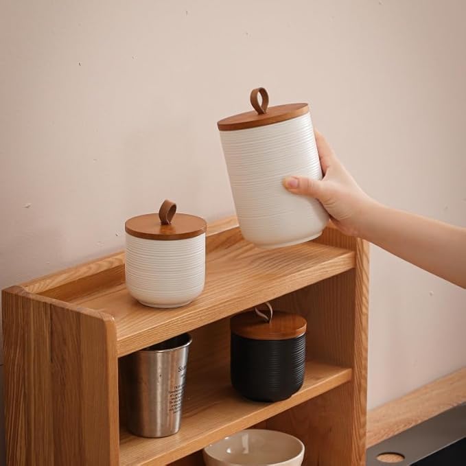 Comeon Ceramics Canister with Lid, Matcha Container Jar for Spice Sugar Tea Bag Coffee Canister Sets for Kitchen Counter with Bamboo Lid (White three-piece suit)