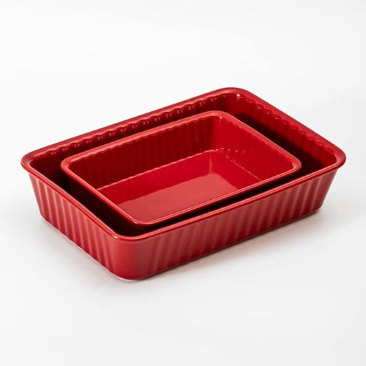 Ceramics baking dish set of 2, Rectangular Baking Dish, Lasagna Pans for Cooking, Kitchen, Cake,Dinner, Banquet and Daily Use, 12x 8 Inch & 8.95 x 6 inch of Casserole Dishes (Red)
