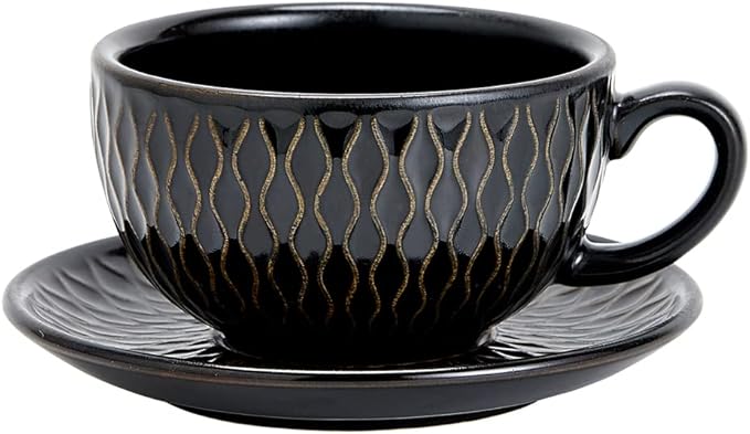 Vintage Design 12 oz Ceramic Latte Art Cappuccino Barista Cup with Saucer (Embossed Black)