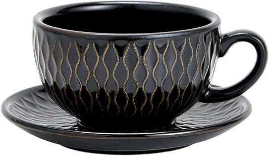 Vintage Design 12 oz Ceramic Latte Art Cappuccino Barista Cup with Saucer (Embossed Black)