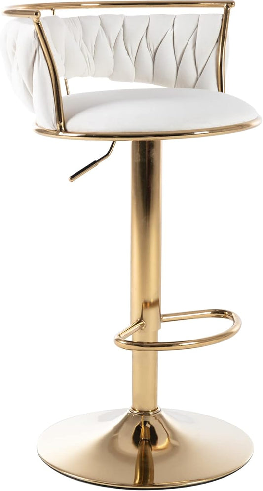 LukeAlon Velvet Adjustable Bar Stools, Modern 360° Swivel Counter Stools with Golden Base Upholstered Open Back Tall Bar Chair with Footrest for Home Kitchen, White