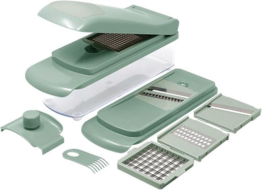 10-Piece Vegetable Chopper, Spiralizer, Slicer – Multi-Functional Chopper & Slicer with 5 Blades, Food Storage Container and Hand Guard – Ideal for Vegetables, Fruits & More - Green