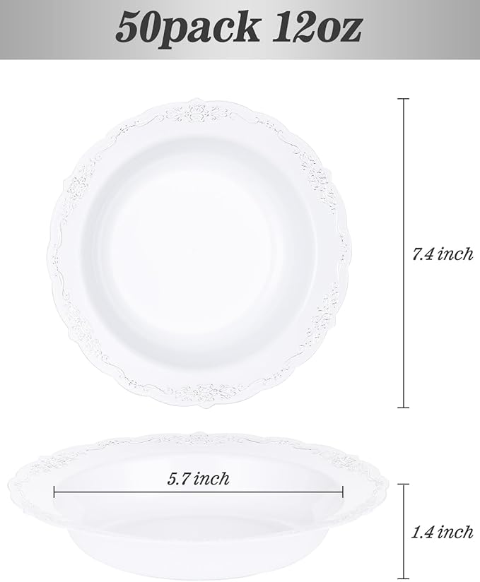 50 Pack White Plastic Bowls with Silver Rim, 12oz Plastic Salad Bowl, Disposable Bowls for Party, Dinners, Weddings, Christmas, Thanksgiving