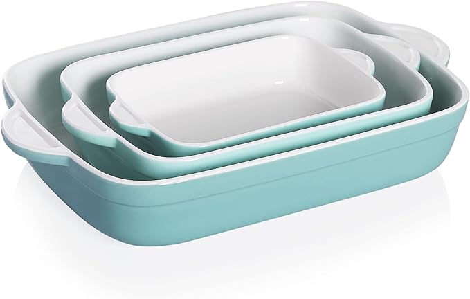 Sweejar Casserole Dishes for Oven, Ceramic Bakeware Set of 3, Lasagna Pan Deep with Handle, Rectangular Baking Pan Set, 9x13 Baking Dish for Cooking, Banquet and Daily Use (Turquoise)