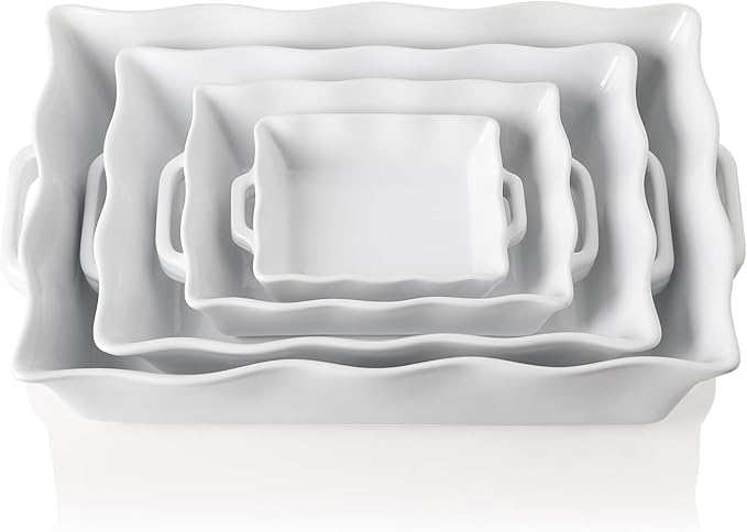 Sweejar Casserole Dishes for Oven, Ceramic Bakeware Set of 4, Rectangular Baking dish with Handles, Wave Edge Lasagna Pan Deep for Cooking, Cake, Dinner, Banquet and Daily Use (White)
