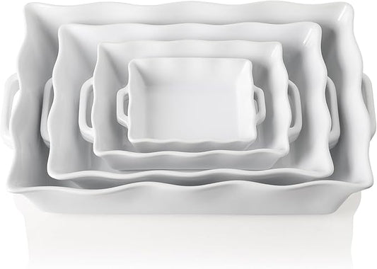 Sweejar Casserole Dishes for Oven, Ceramic Bakeware Set of 4, Rectangular Baking dish with Handles, Wave Edge Lasagna Pan Deep for Cooking, Cake, Dinner, Banquet and Daily Use (White)