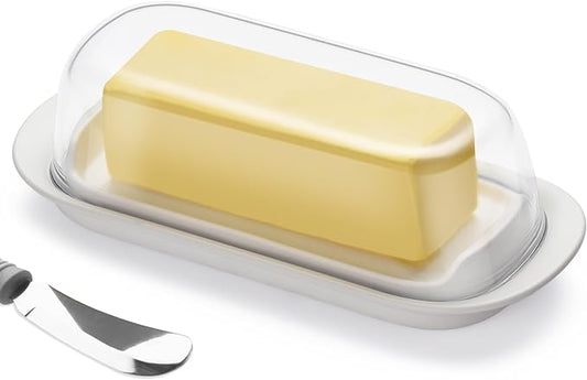 Butter Dish with Clear Lid, Butter Keeper, Easy Scoop,Butter Container Holds for East/West Coast Butter, Dishwasher Safe(White)