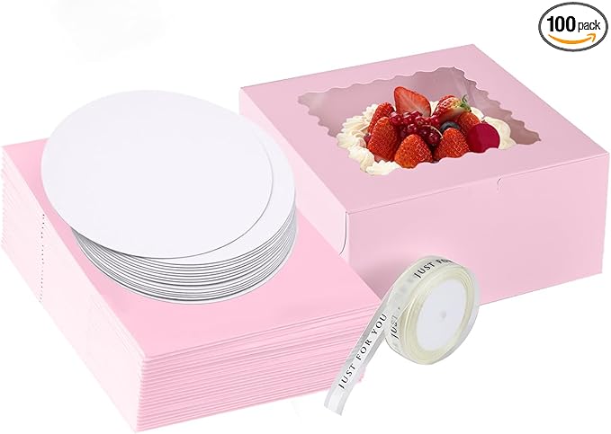 48pcs 10x10x5 Inches Cake Boxes,24pcs Pink Boxes and 24pcs Boards,Cajas Pasteles for Disposable 10 inch Cake box with Window (Pink, 10 * 10 * 5inch/48pcs)