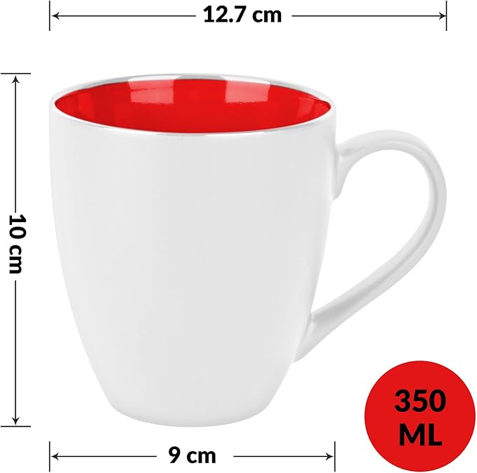 MIAMIO - Set of 6 Stoneware Coffee Mugs 12 Ounce/Cup Set - Le Papillon Collection (White-Red)