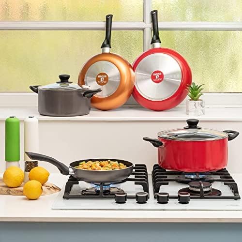 Moss & Stone 3 Peice Pots & Pans Set Nonstick Cookware Set, Aluminum Pots and Pans, Red Pots and Pans Set with Glass Lid, Dishwasher Safe, Cooking Set