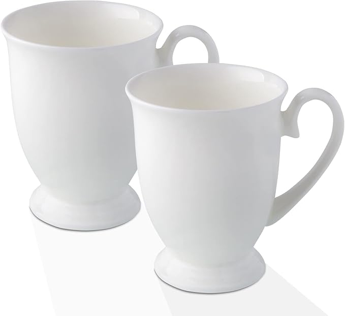 Luxury Fine Bone China White Coffee Mugs Set of 2 (8 oz), Ceramic Euro Style Tea Cups, Elegant Durable Coffee Cups Set for Gifts, Women, Men, Mom, Dad, Wedding