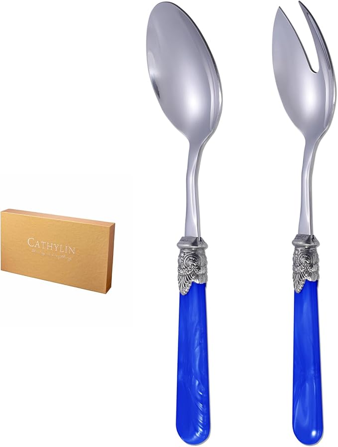 2-piece Salad Servers Stainless Steel Salad Serving Set Salad Fork and Spoon (Deep Blue)