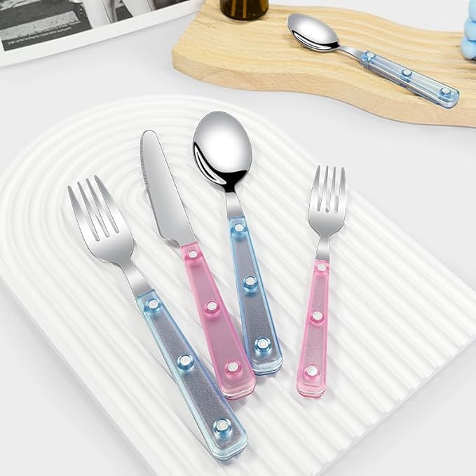 Silverware Set, 40Piece Stainless Steel Cutlery set,Set for 8 People,Includes Knife, Fork, Spoon, Dessert Spoon and Dessert Fork, with Elegant Frosted Transparent Handles (Pink（40 PC）)