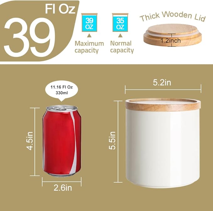 Sweejar Kitchen Canisters Ceramic Food Storage Jar, Stackable Containers with Airtight Seal Wooden Lid for Serving Coffee Bean, Flour, Tea, Spice and More - 39 Fl Oz (White)
