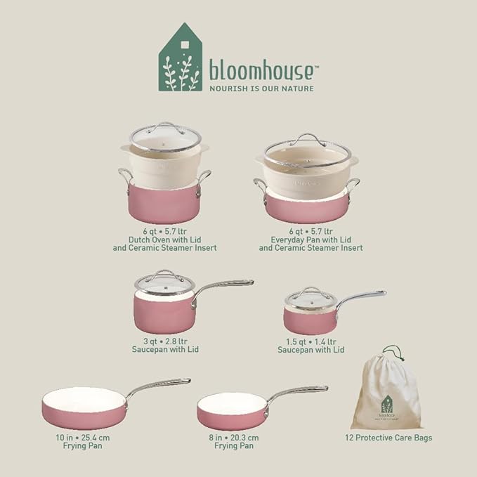 Bloomhouse 12 Piece Aluminum Pots and Pans Cookware Set w/Non-toxic Ceramic Non-stick, Ceramic Steamer Insert, & 12 Protective Care Bags - Pink Orchid