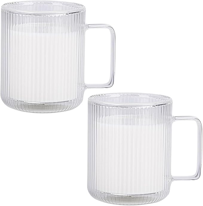 13.5oz Double Walled Glass Coffee Mug - Clear Ribbed Glassware with Handle, Perfect for Cappuccino, Latte, Cereal, Yogurt, Beer, Milk, and All Beverages (Set of 2)