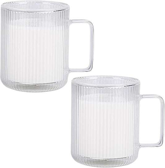 13.5oz Double Walled Glass Coffee Mug - Clear Ribbed Glassware with Handle, Perfect for Cappuccino, Latte, Cereal, Yogurt, Beer, Milk, and All Beverages (Set of 2)